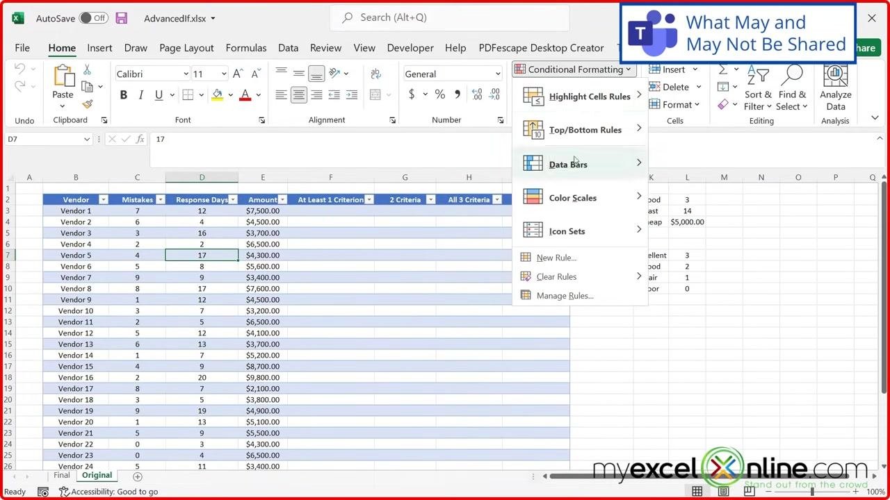 An Excel window with a red border and the Conditional Formatting dropdown open, showing options like Highlight Cells Rules, Top/Bottom Rules, and Data Bars.
