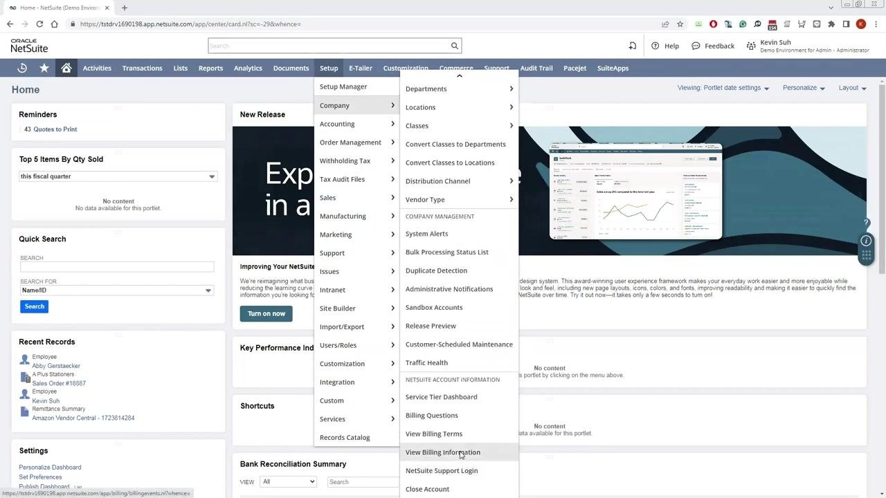 Company submenu with View Billing Information highlighted