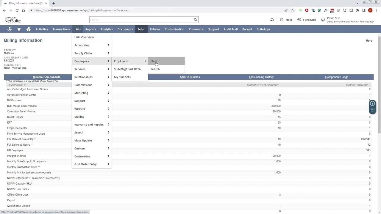 Lists > Employees > New menu path highlighted over the Billing Information page