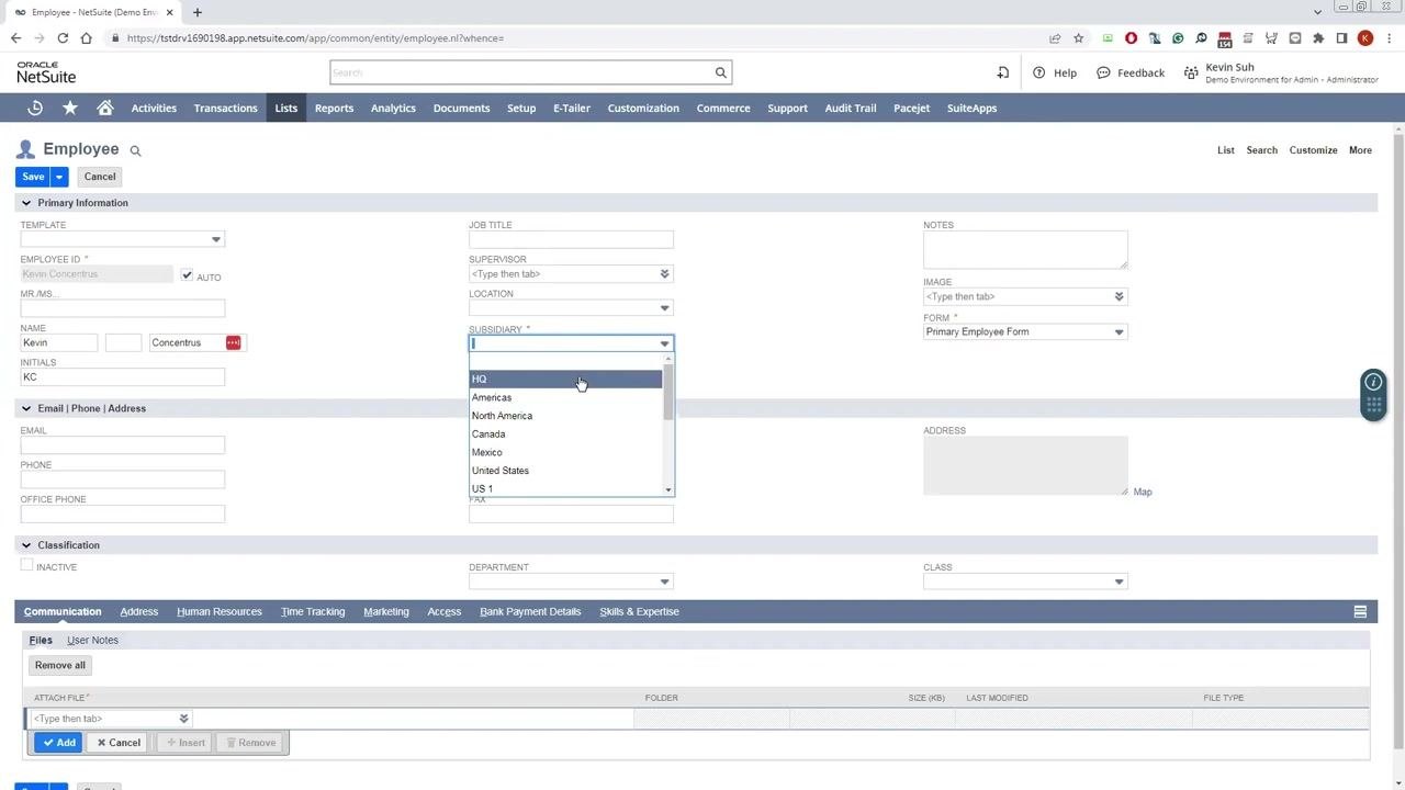 Employee form with the name entered and the subsidiary dropdown open, showing options like HQ, Americas, and North America