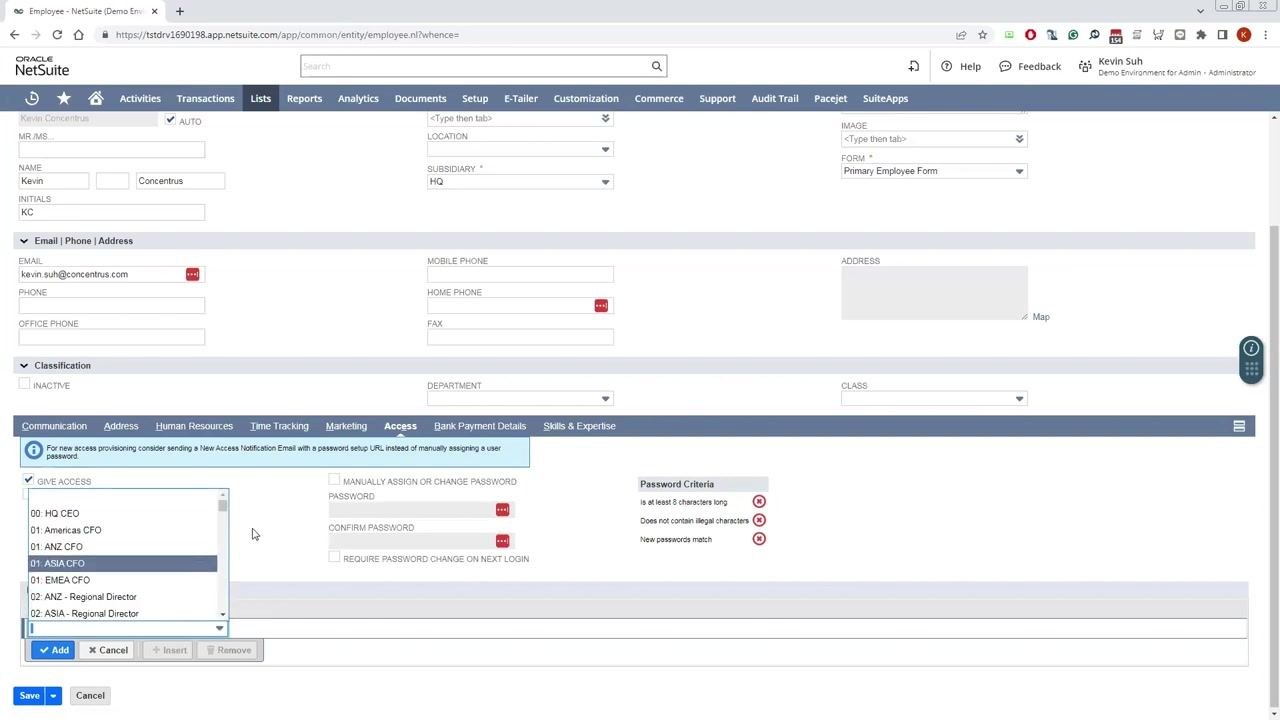 Employee form with the Human Resources tab open, showing fields like Social Security Number, Birth Date, Hire Date, and Employee Status