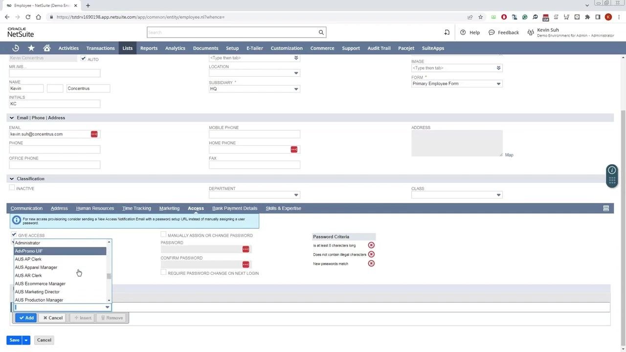 Access tab open with Give Access checked, the Administrator role selected, and password fields visible