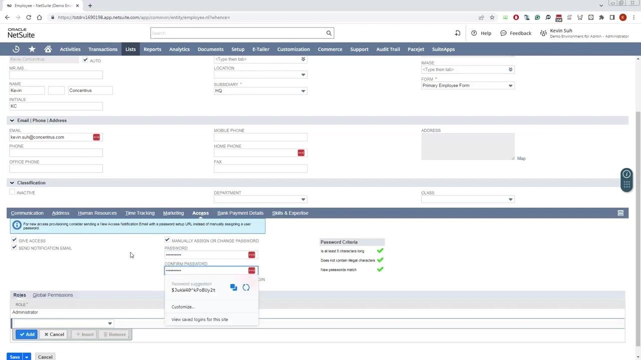 Password fields filled in, with password criteria all checked and the notification email option visible
