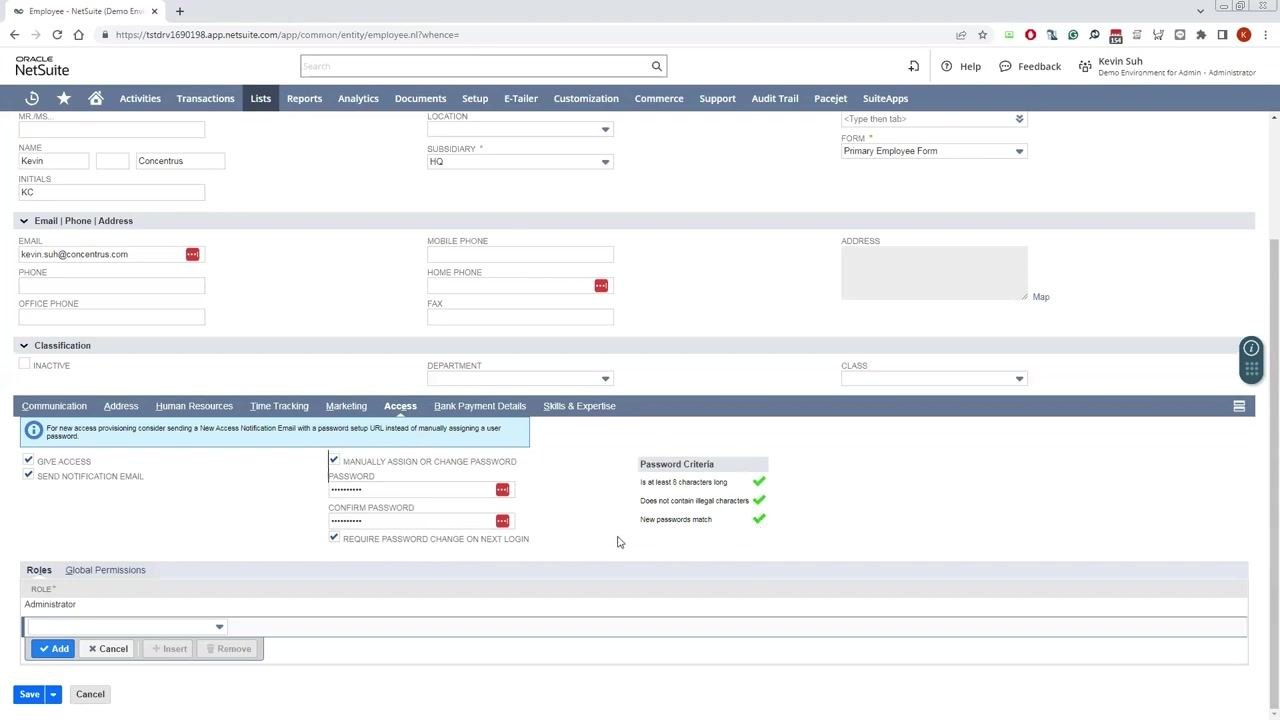 Employee form with all access and password options set, password criteria met, and the Save button visible