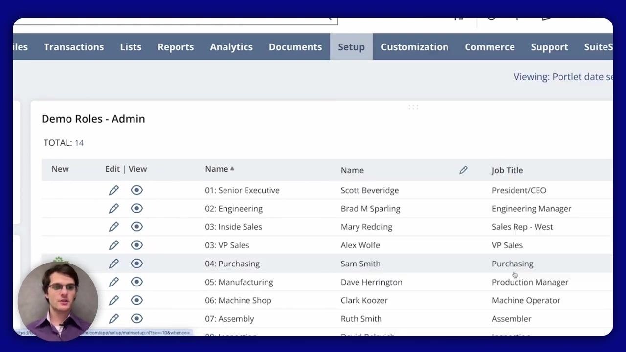 NetSuite main navigation showing Setup > Accounting > Manage Accounting Periods highlighted, with the Demo Roles - Admin screen listing user roles.