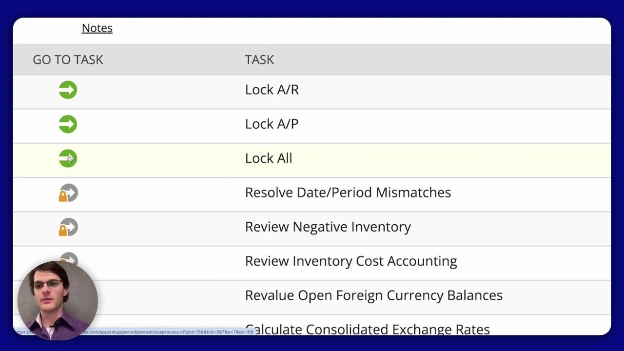 Period Close Checklist for Jan 2010 showing tasks, status, and modified-by columns.