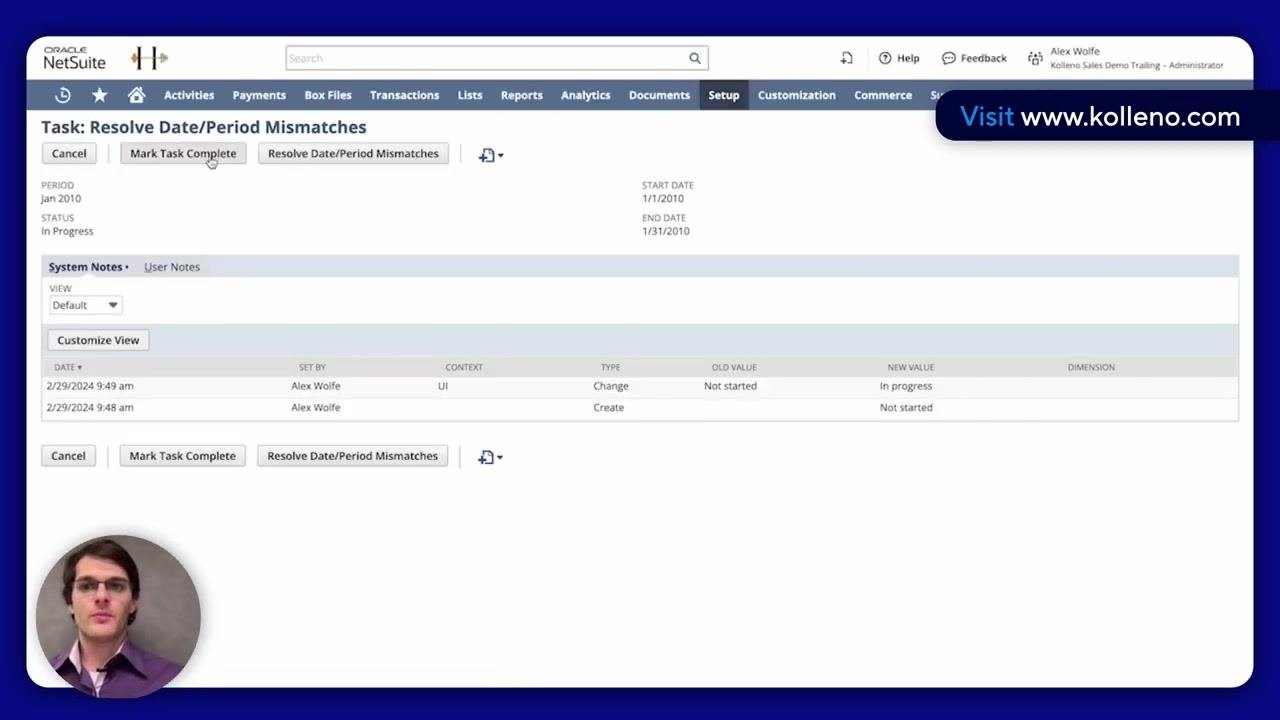 Task window for Review Negative Inventory, with options to Cancel, Mark Task Complete, and view system notes.