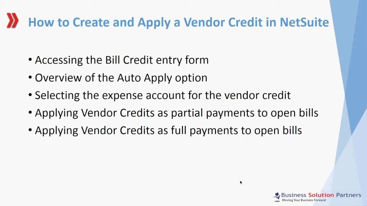 Slide listing the training objectives for creating and applying a vendor credit in NetSuite, with the Business Solution Partners logo