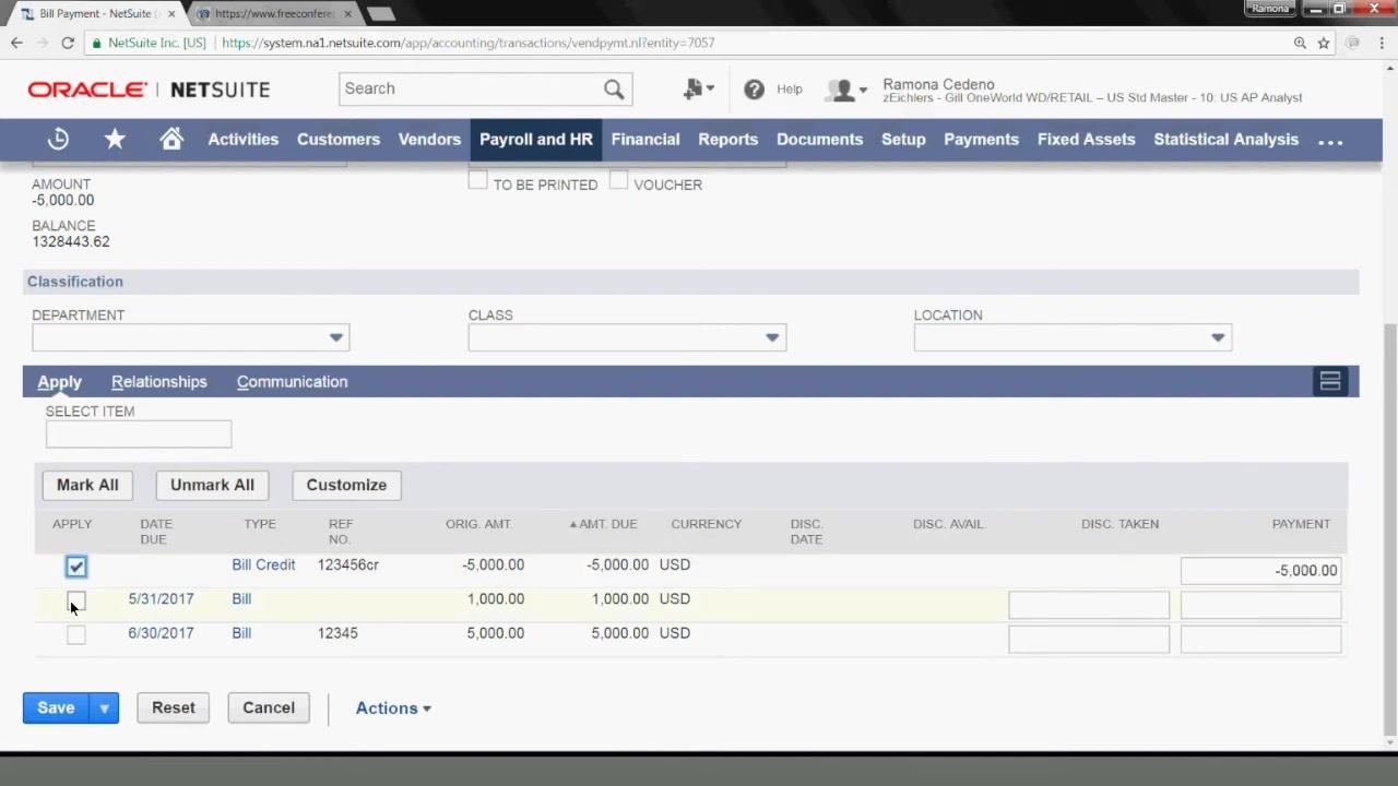 Bill Payment screen with the Bill Credit and a $5,000 bill selected, payment amounts set to -5,000.00 and 5,000.00