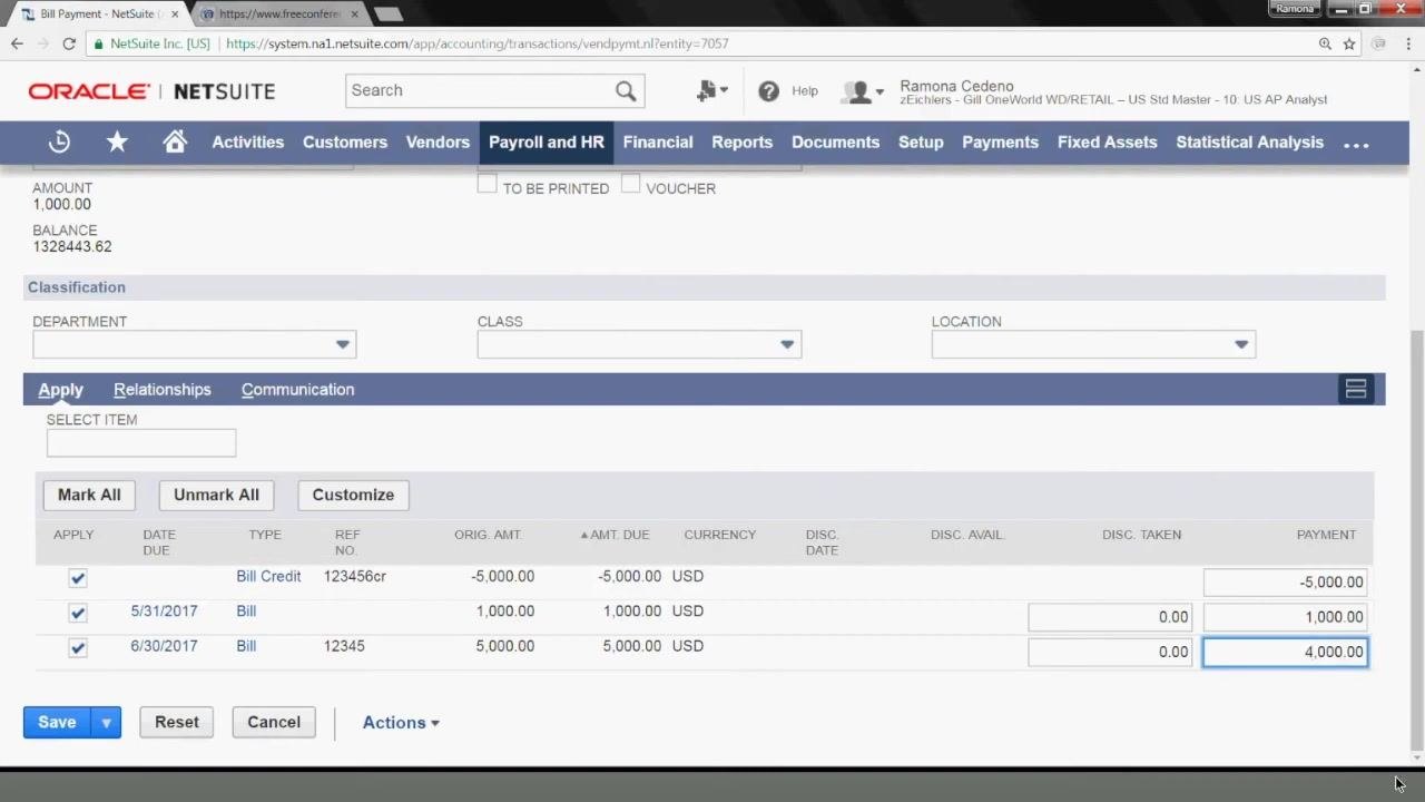 Bill Payment screen with the Bill Credit, a $1,000 bill, and a $5,000 bill selected, payment amounts set to -5,000.00, 1,000.00, and 4,000.00
