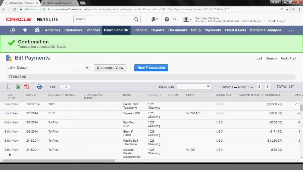 Bill Payment screen showing three transactions with their payment amounts and the Save, Reset, and Cancel buttons