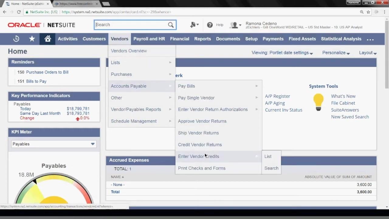 NetSuite dashboard showing the navigation path Vendors > Accounts Payable > Enter Vendor Credits