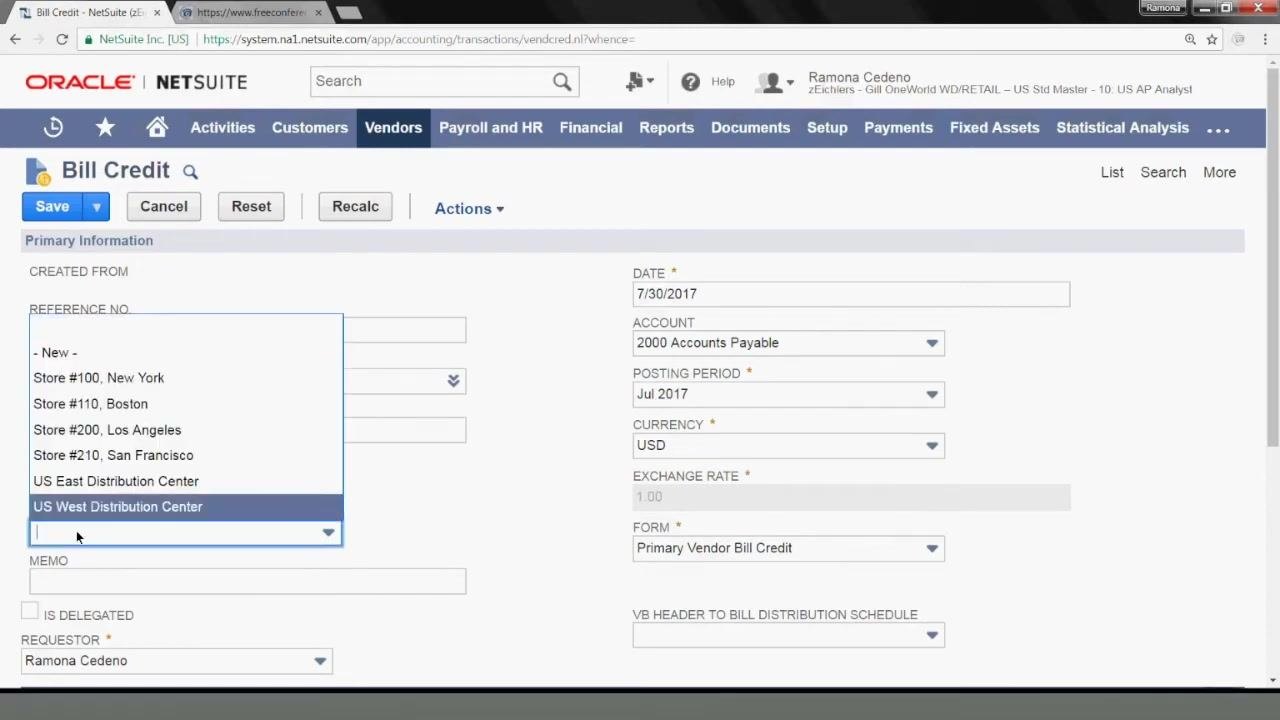 Bill Credit form showing Reference No. 123456cr, Vendor ABC Inc., Amount 5,000.00, and Subsidiary US 1 selected