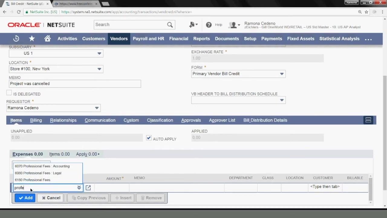 Bill Credit form with the expense account 6180 Professional Fees, amount 5,000.00, and memo "Project was cancelled" entered in the Expenses section
