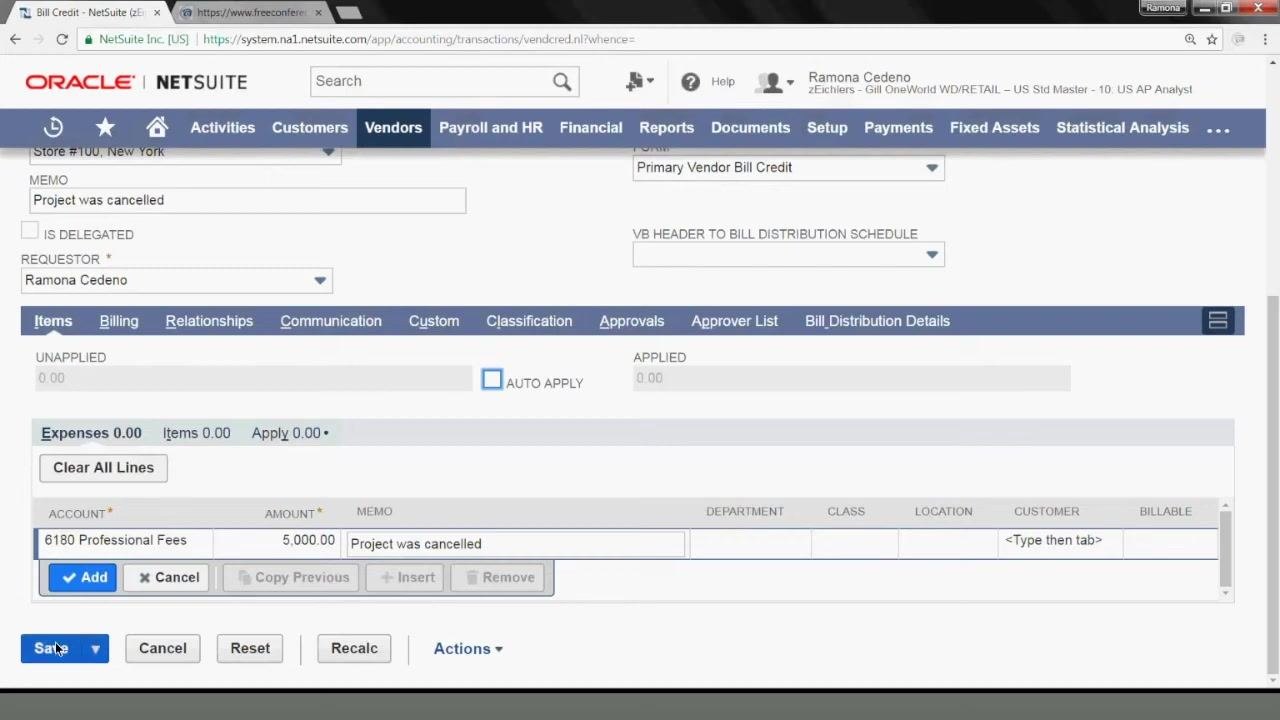 Save button highlighted at the bottom of the completed Bill Credit form, with Auto Apply unchecked