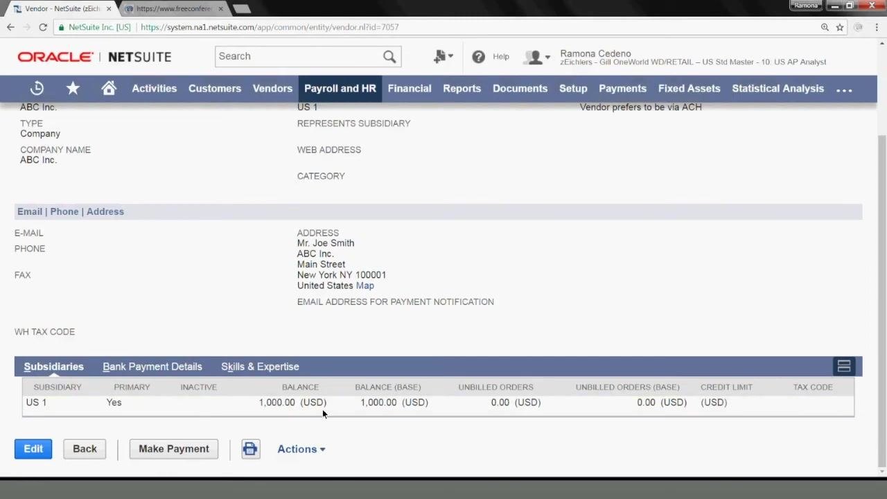 Vendor summary screen showing an open balance of $1,000.00 for ABC Inc. in the Subsidiaries section, with address and contact details above