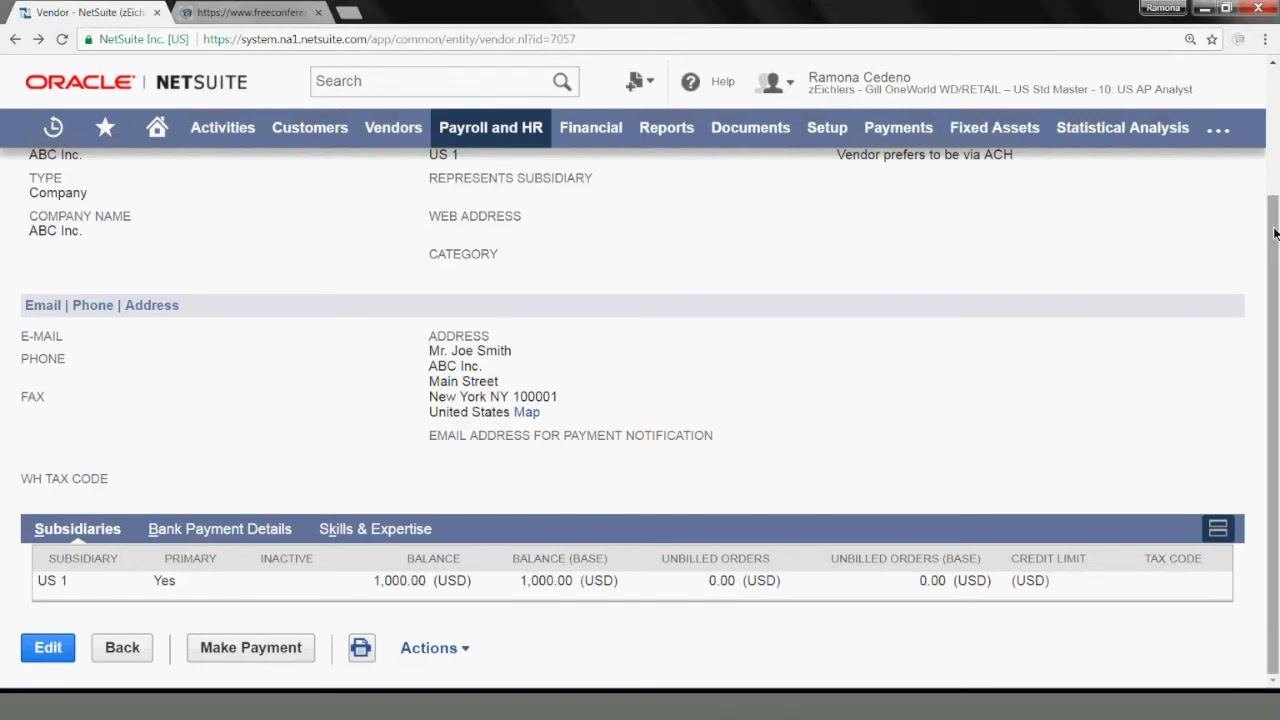 Vendor summary screen with the Make Payment button visible below the Subsidiaries section