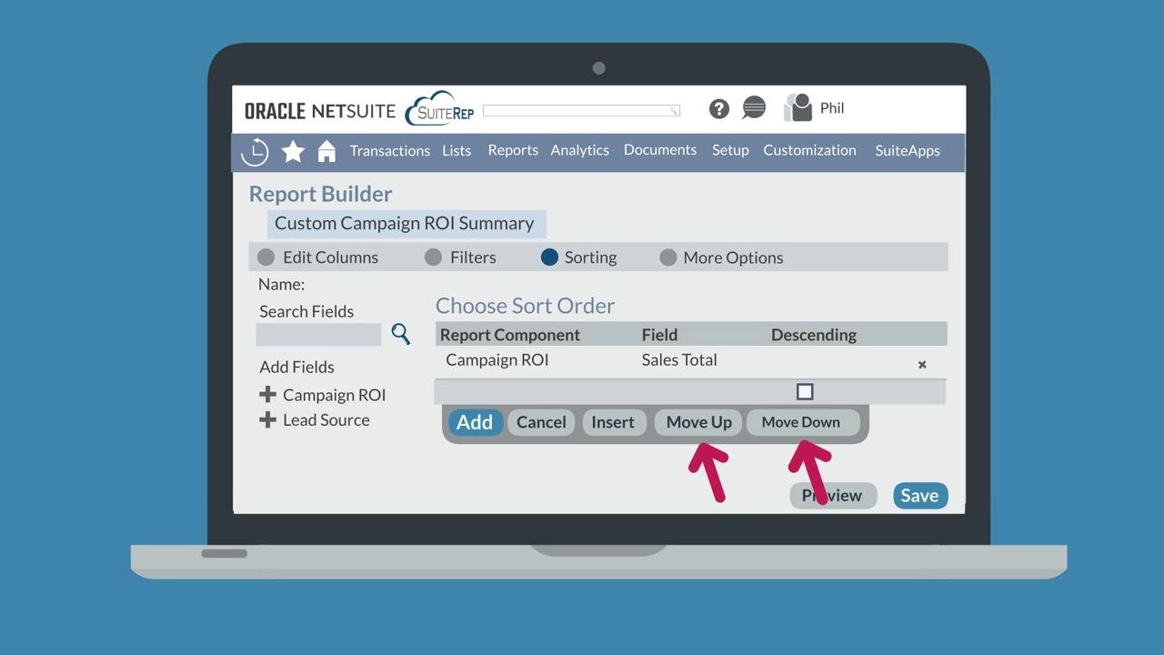 Report Builder Sorting tab with Move Up, Move Down, and remove (X) options highlighted