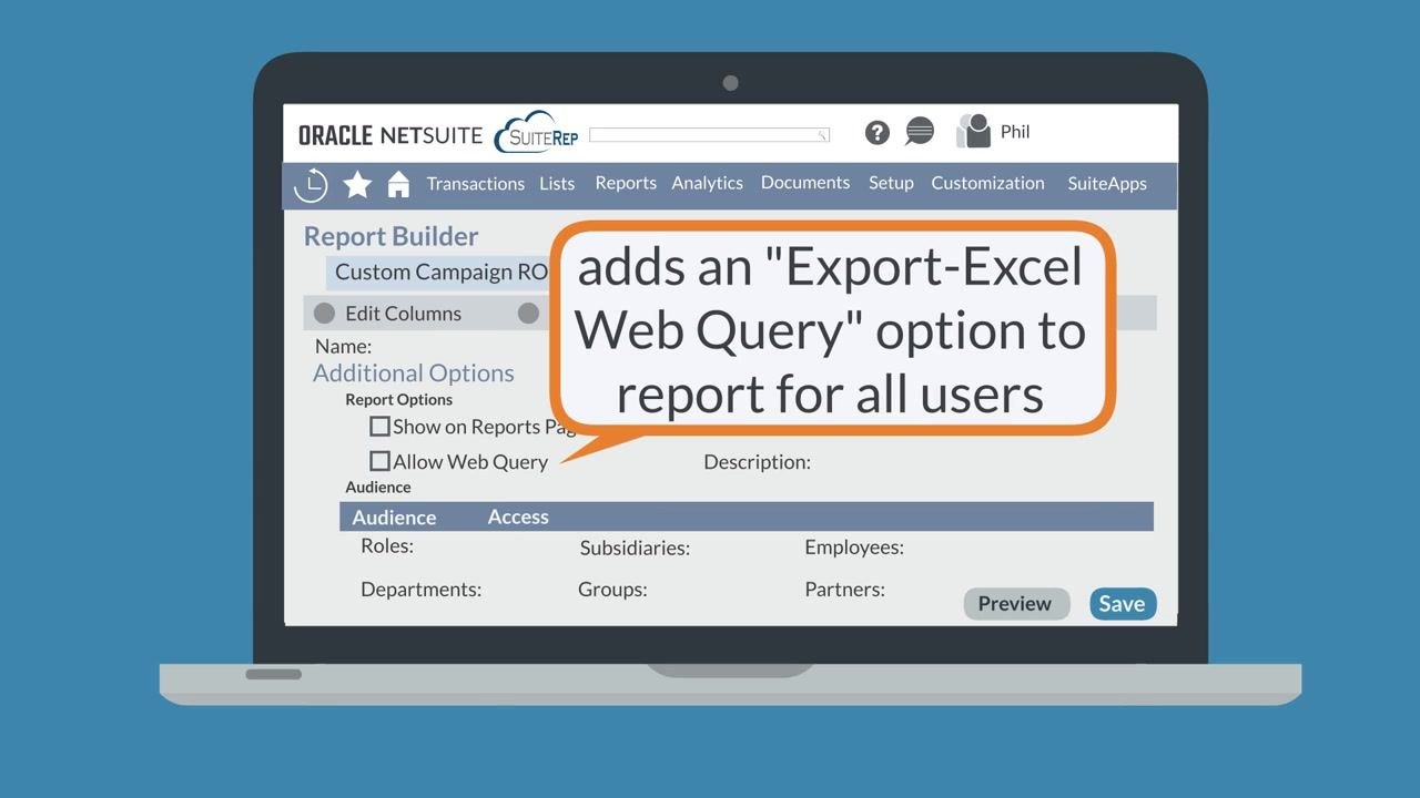 Report Builder More Options tab showing Show on Reports Page and Allow Web Query options