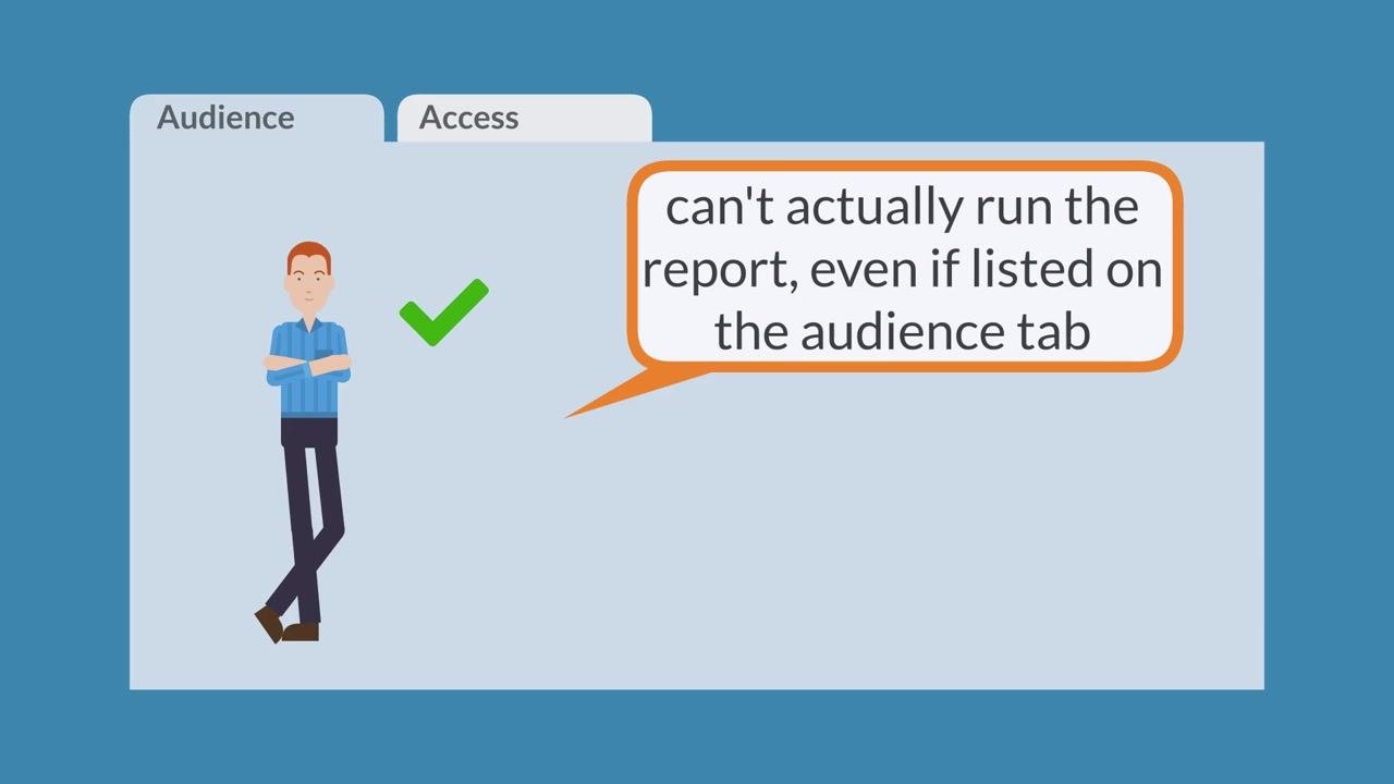 Audience and Access tabs with a user and a checkmark icon, noting that a user listed only on the Audience tab can't actually run the report