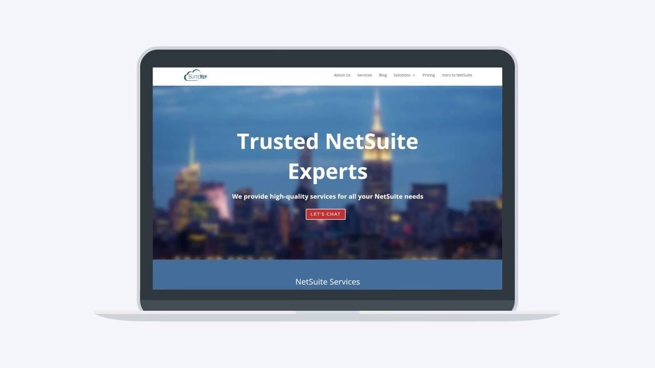 Laptop displaying SuiteRep website with "Trusted NetSuite Experts" and "Let's Chat" button