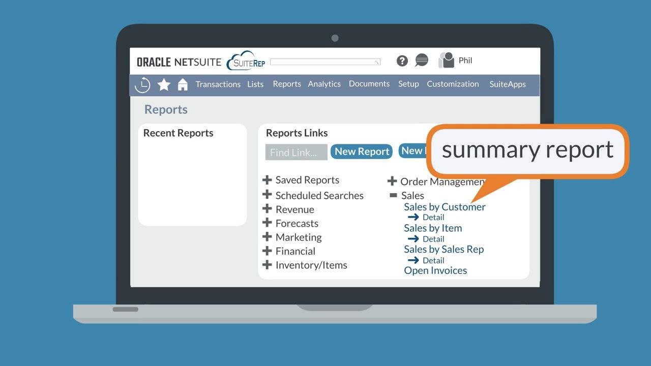 Reports dashboard showing the summary report and Detail links under Sales reports