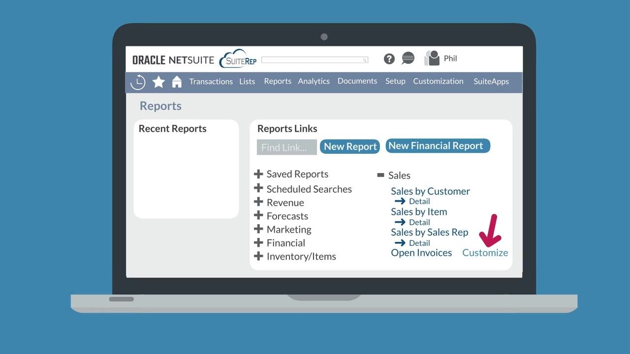 Reports dashboard showing the Customize link next to a standard report name
