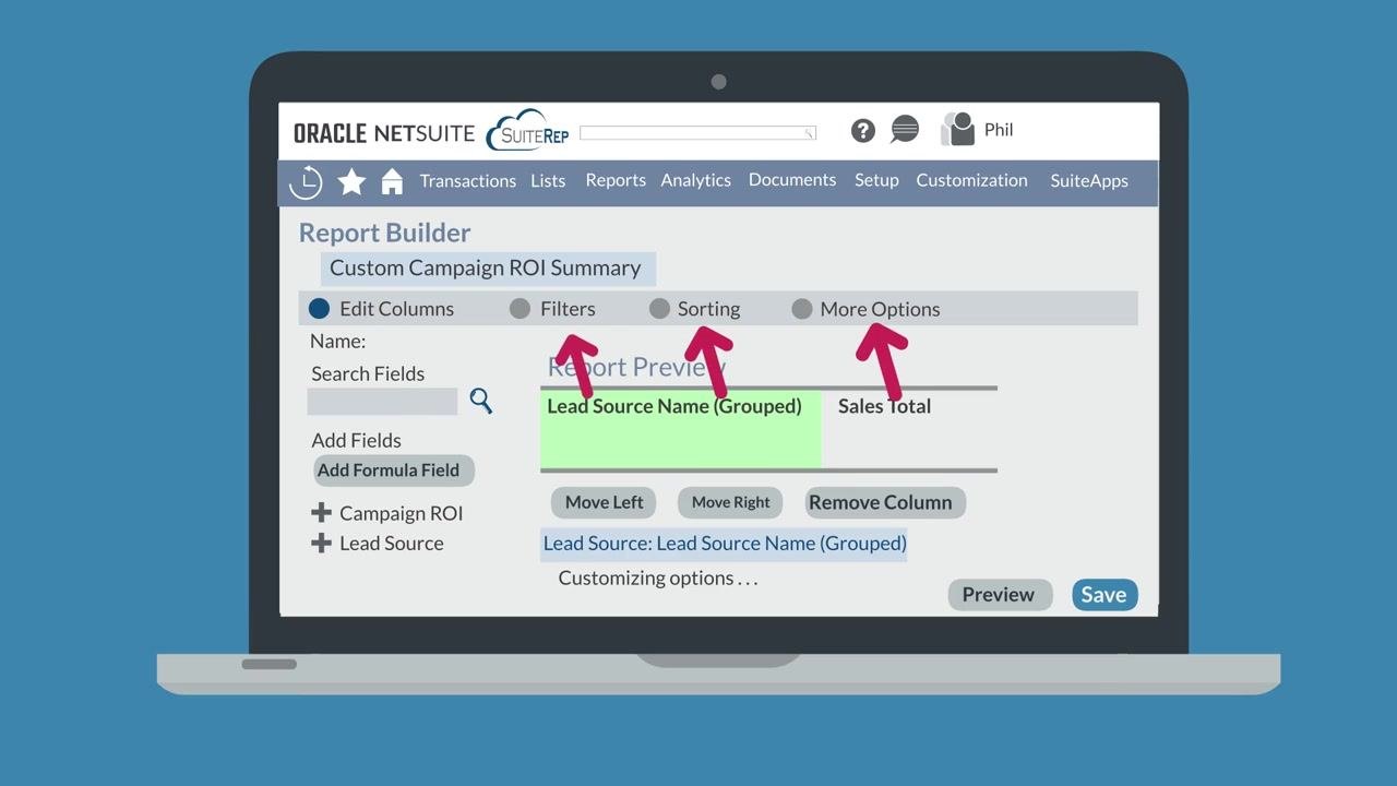 Report Builder interface showing the Edit Columns, Filters, Sorting, and More Options tabs