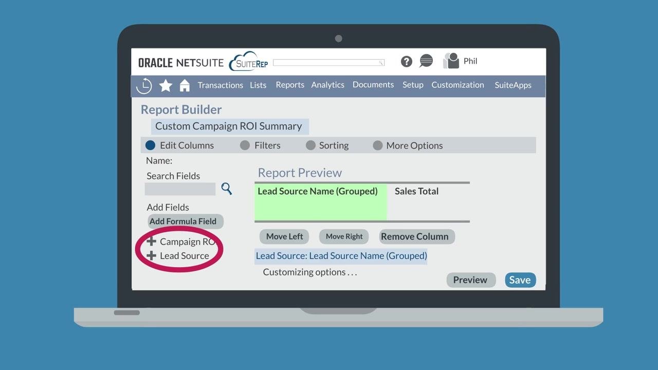 Report Builder with Campaign ROI and Lead Source fields available for selection