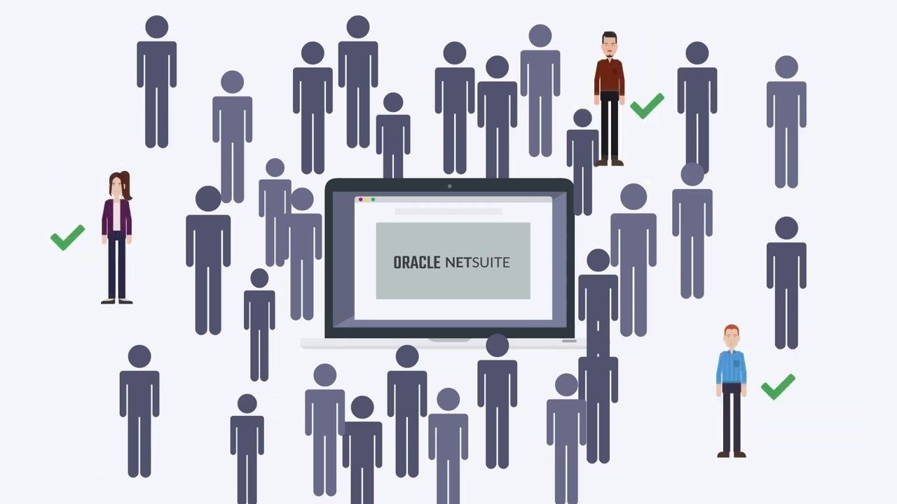 Illustration of multiple generic user icons surrounding a laptop displaying "Oracle NetSuite," representing the many users in a company