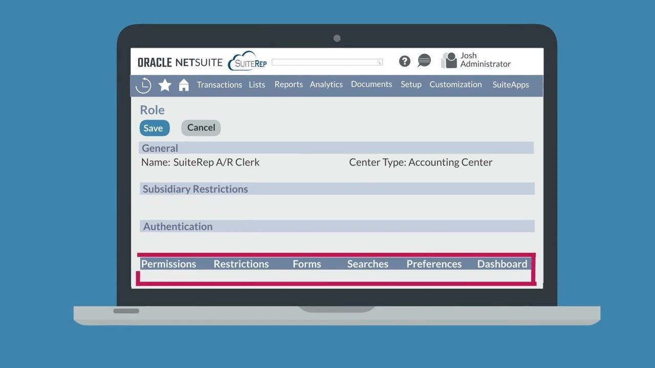 NetSuite role customization screen with the Permissions, Restrictions, Forms, Searches, Preferences, and Dashboard subtabs highlighted