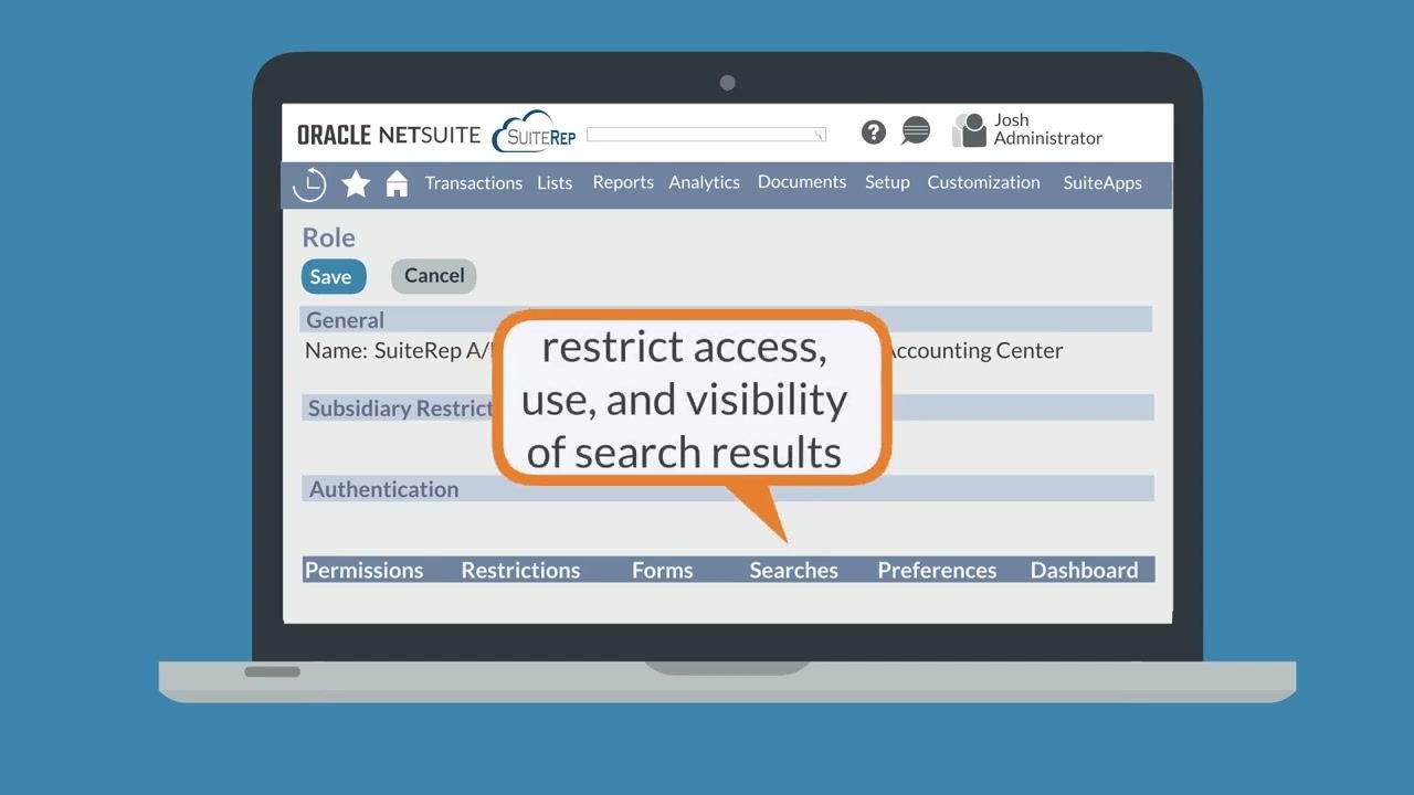 Speech bubble reading "restrict access, use, and visibility of search results" on the NetSuite role customization screen
