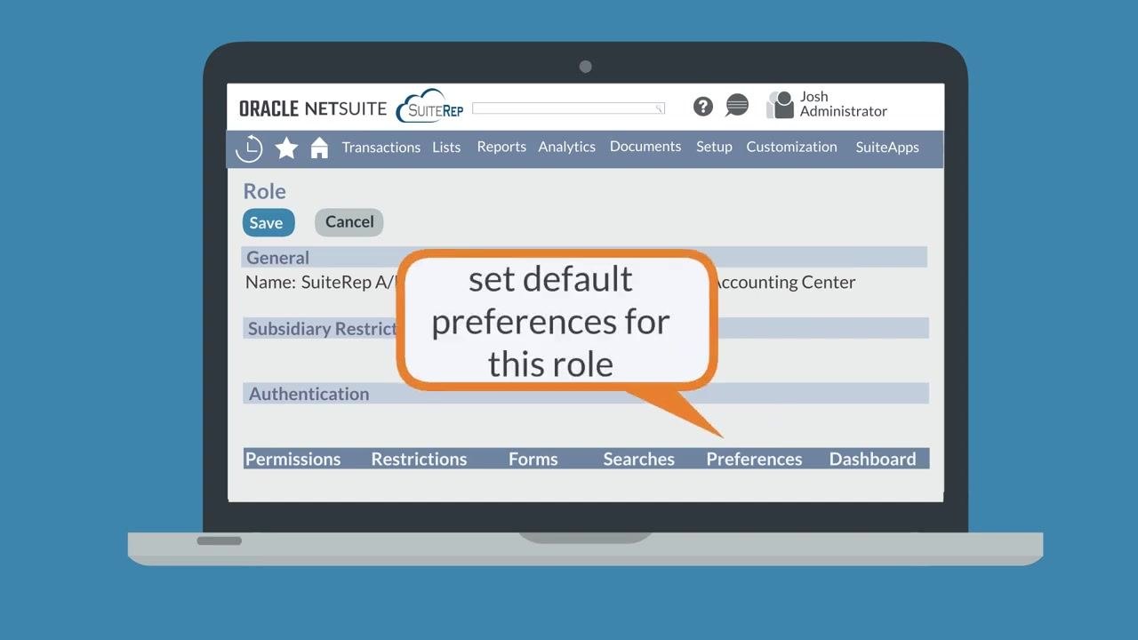 Speech bubble reading "set default preferences for this role" on the NetSuite role customization screen