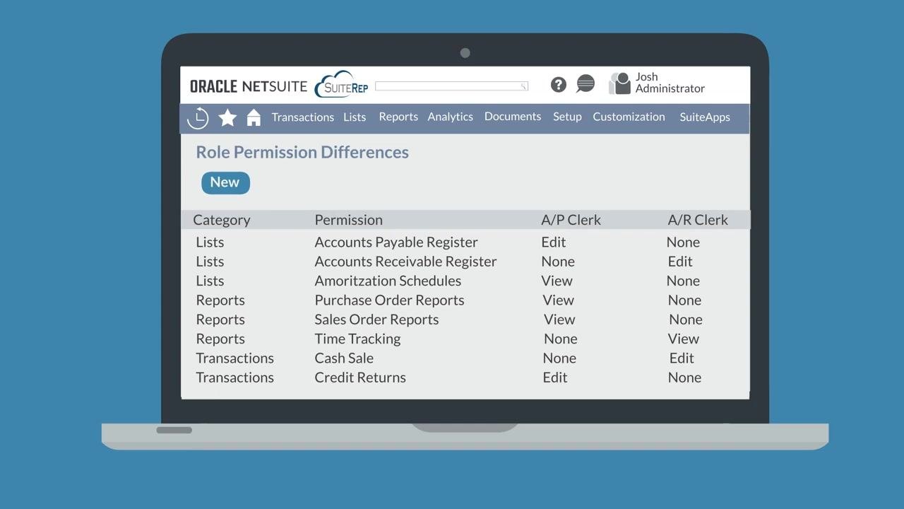 NetSuite Role Permission Differences screen showing a side-by-side comparison of permissions for the A/P Clerk and A/R Clerk roles