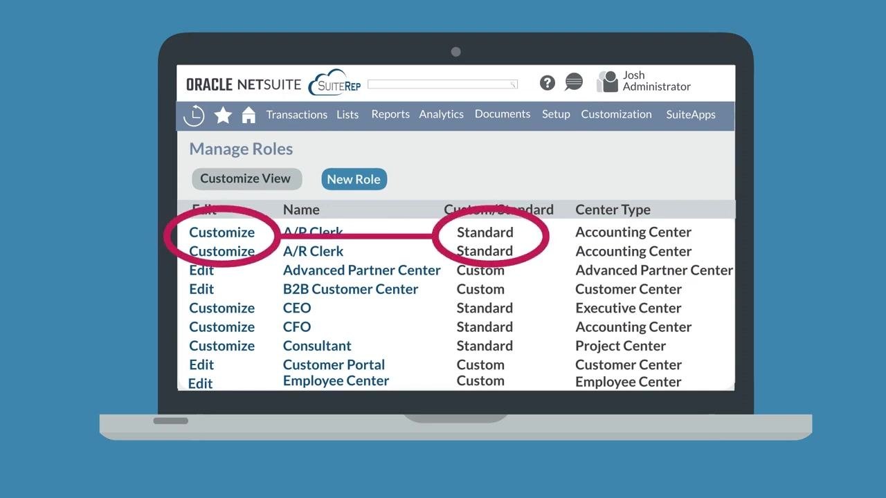 NetSuite interface showing a user logged in as "Josh Administrator" with the Administrator role highlighted