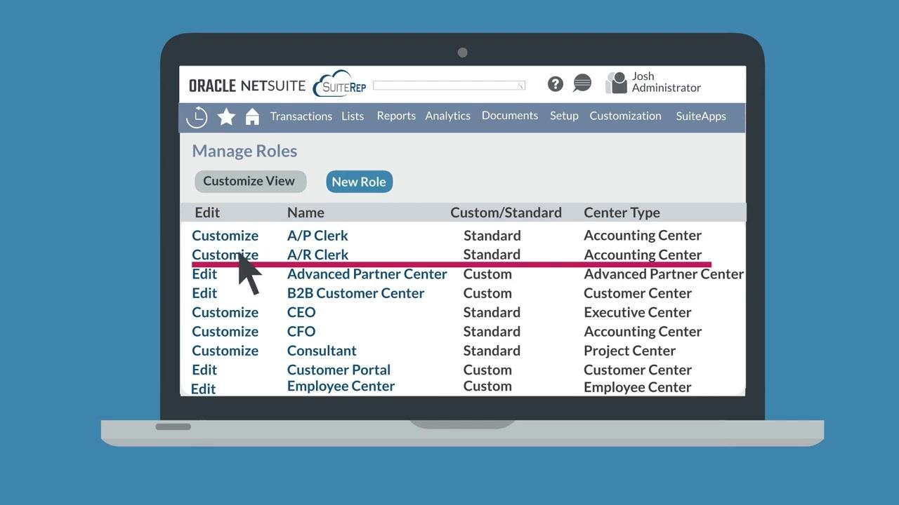 Cursor pointing to the "Customize" link next to the "A/R Clerk" standard role in the Manage Roles list