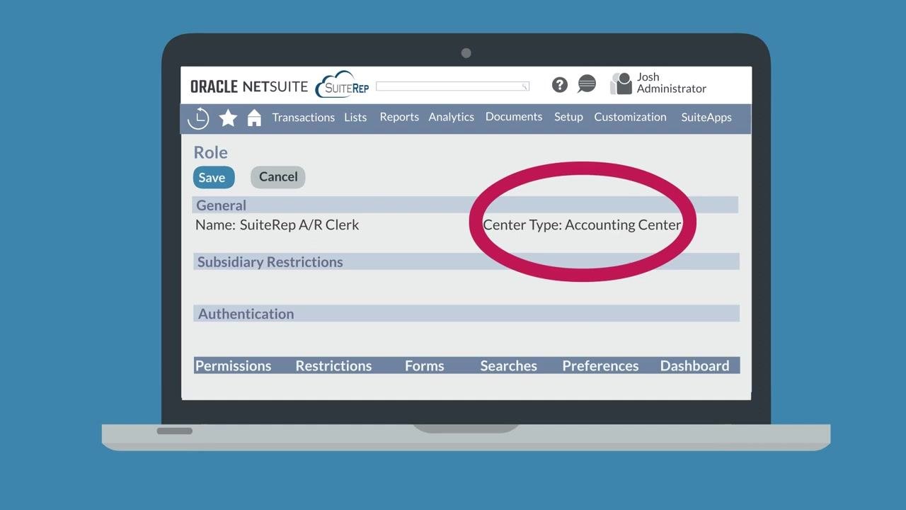 NetSuite role customization screen with "Center Type: Accounting Center" circled, and the role named "SuiteRep A/R Clerk"