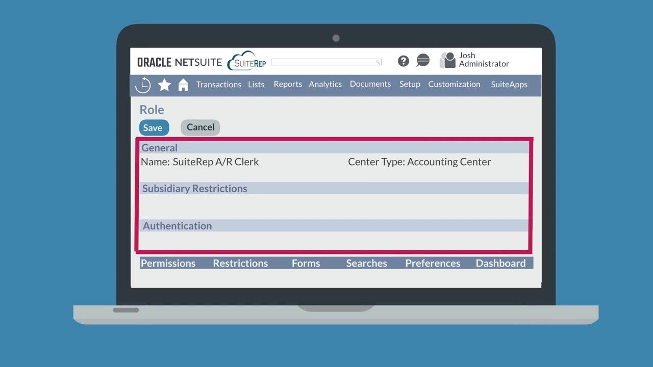 NetSuite role customization screen with the General, Subsidiary Restrictions, and Authentication fields highlighted