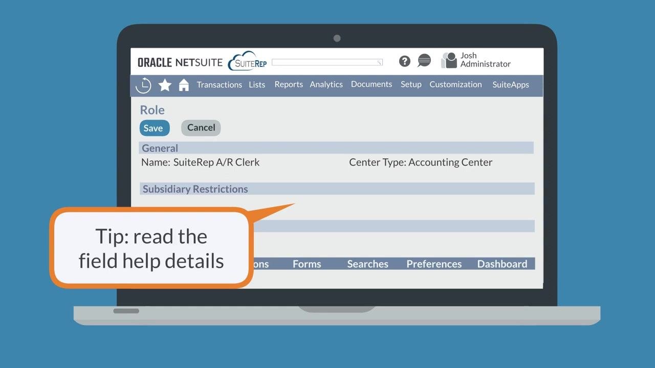 Tip bubble reading "Tip: read the field help details" on the NetSuite role customization screen
