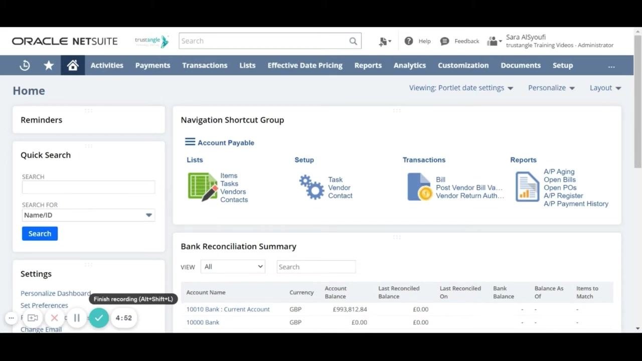 NetSuite home page showing navigation menus, reminders, quick search, settings, and the bank reconciliation summary