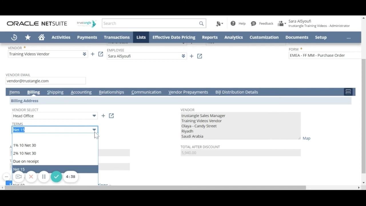 Billing sub-tab open with Terms dropdown expanded, showing options such as Net 15, 1% 10 Net 30, 2% 10 Net 30, and Due on receipt; vendor address and total after discount visible