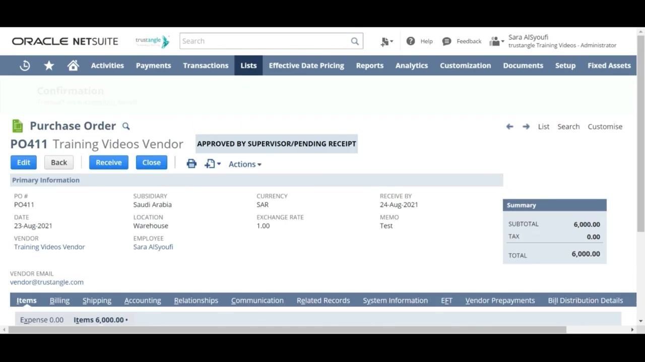 Communication sub-tab open with Messages section showing options to print, email, or fax the PO, and a Vendor Message field