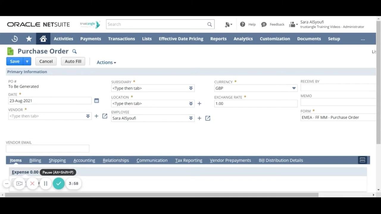 Purchase Order form showing the Date field set to 23-Aug-2021
