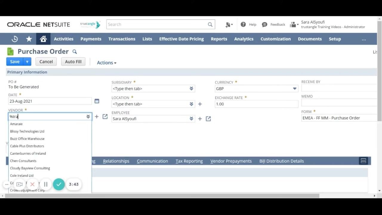Vendor field dropdown showing search results, including 'Training Videos Vendor'