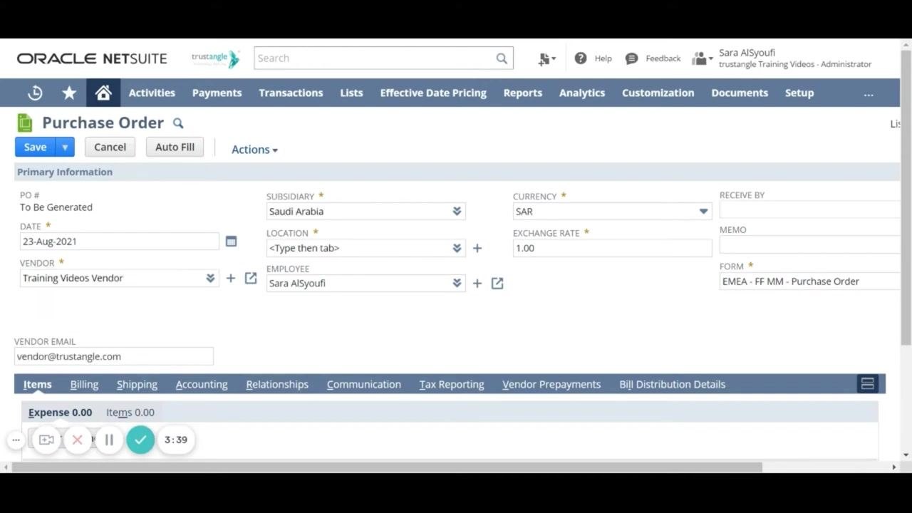 Purchase Order form with vendor, subsidiary, and currency fields populated