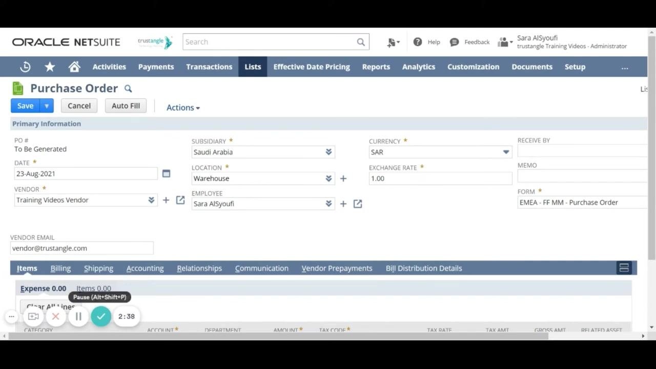 Purchase Order form with Employee field set to 'Sara AlSyoufi'; Subsidiary, Location, Vendor, and Currency fields also visible