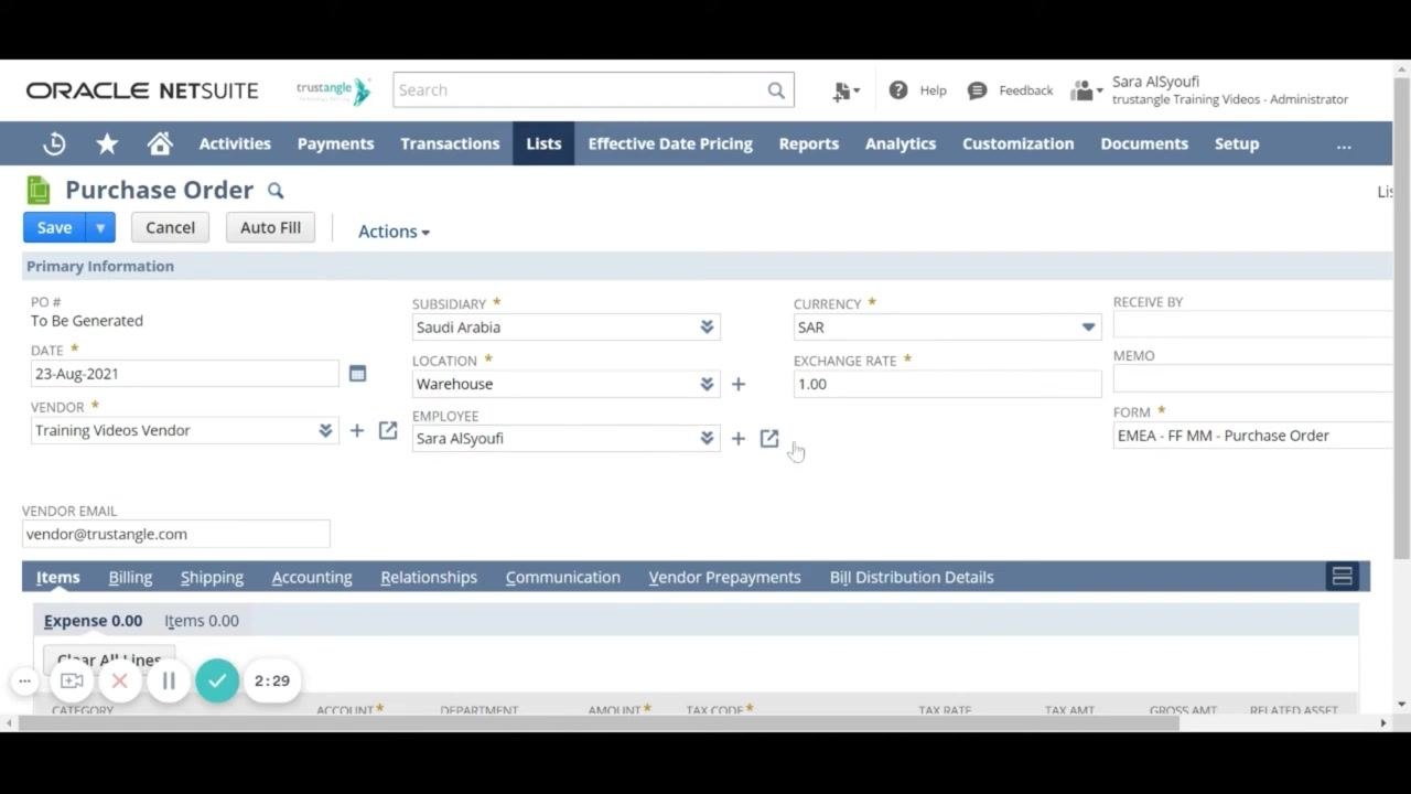 Purchase Order form with 'Receive By' and 'Memo' fields visible, along with Subsidiary, Location, Vendor, Employee, and Currency fields