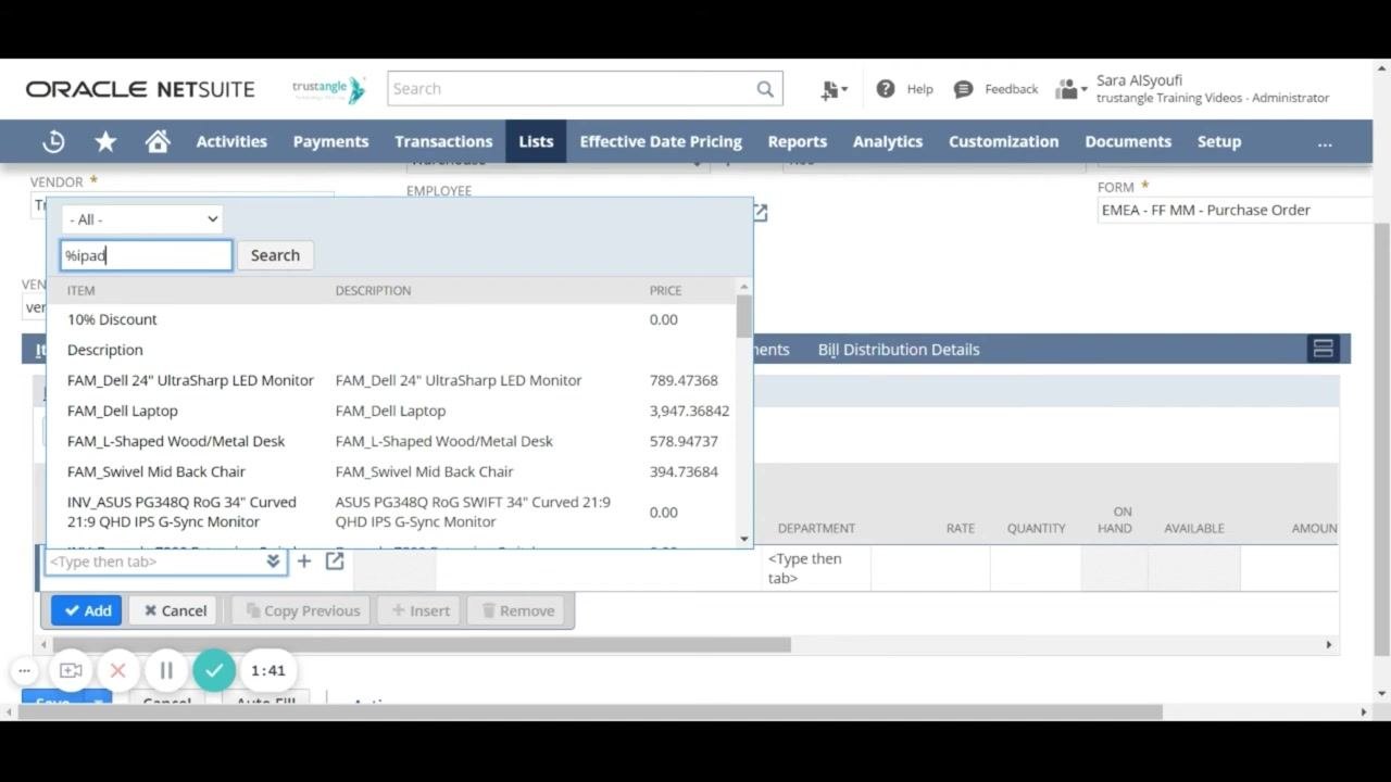 Purchase Order form with Memo field filled with 'Test'; summary panel on the right shows subtotal, tax, and total as 0.00