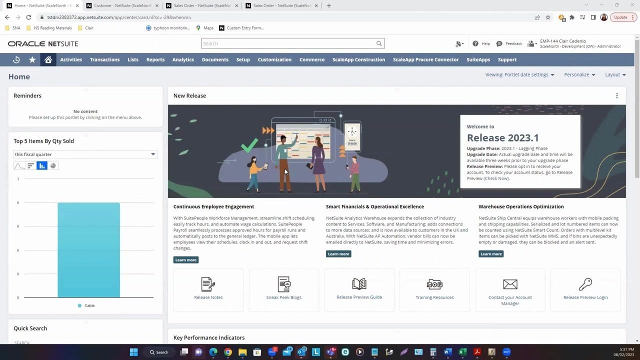 NetSuite home page with navigation menus, reminders, and dashboard widgets