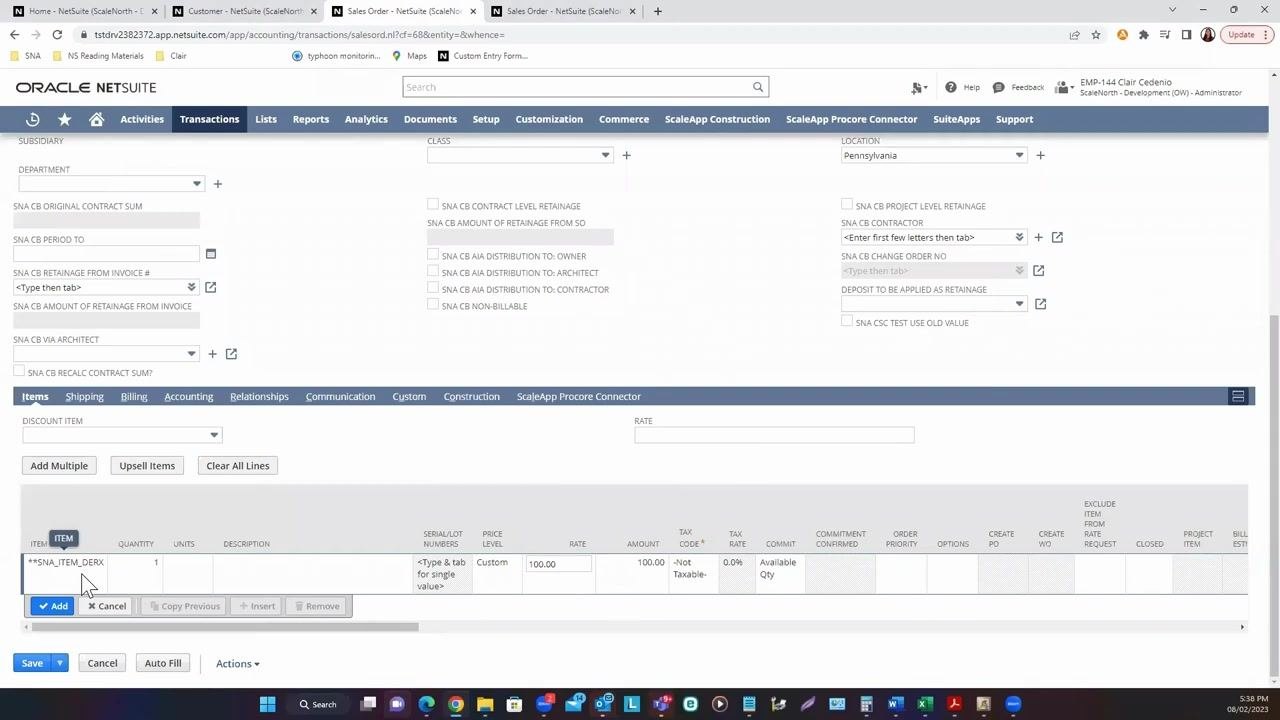 Items subtab with item, quantity, and rate fields filled in, and the Add button highlighted